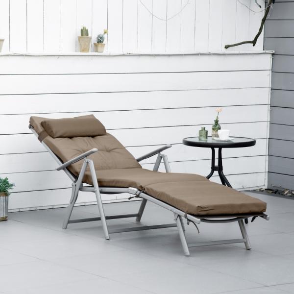 Chaise longue de plage, chaise longue de jardin pliable et réglable avec coussin de jardin en métal, tissu marron + argent