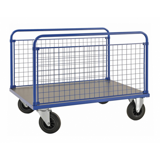 Langer Zweiseitiger Gitterwand-Plattformwagen MDF Platte Blau Industrie Schule Sport Transport - Palo24