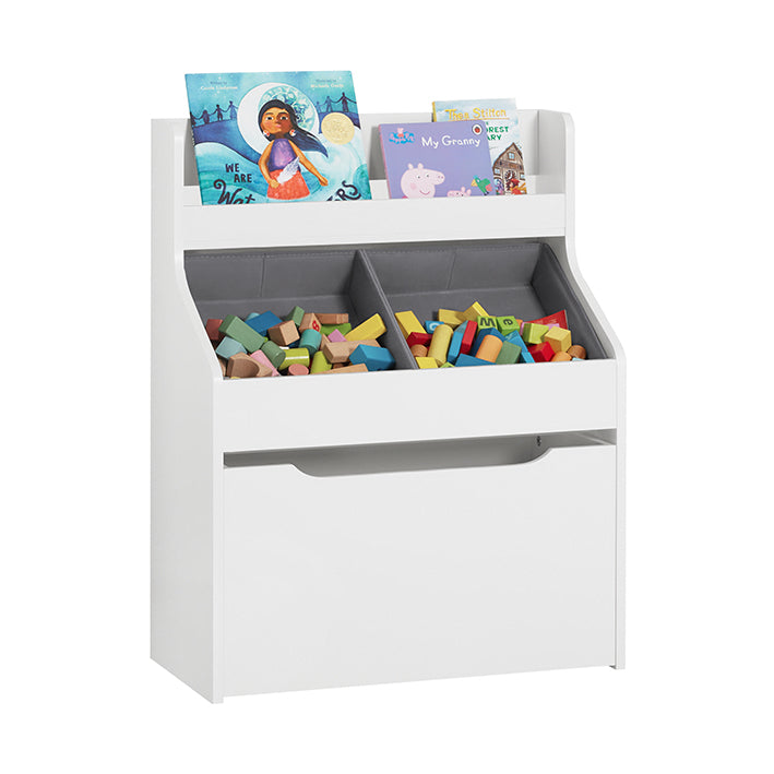 Kinderregal mit 2 Stoffboxen | Bücherregal | Spielzeugtruhe mit Rollen | KMB71-W