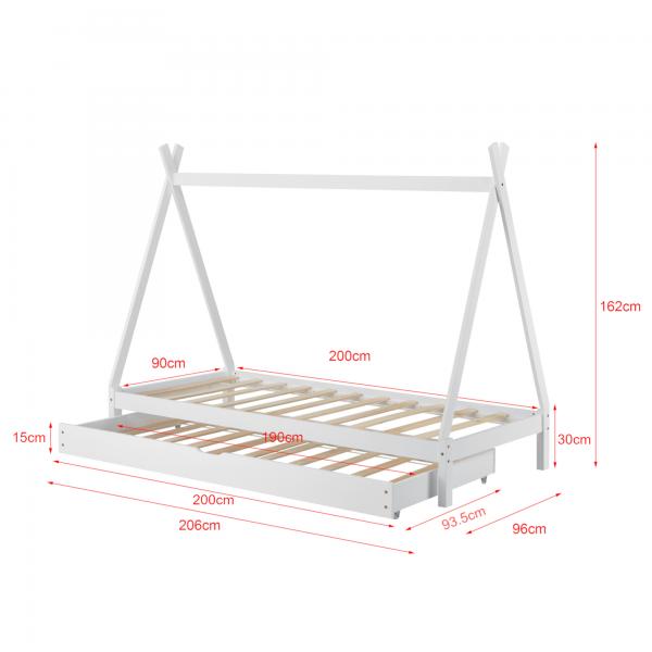 Kinderbett mit Ausziehbett Cree 90x200 cm Tipi mit Kaltschaummatratze Holz Weiss