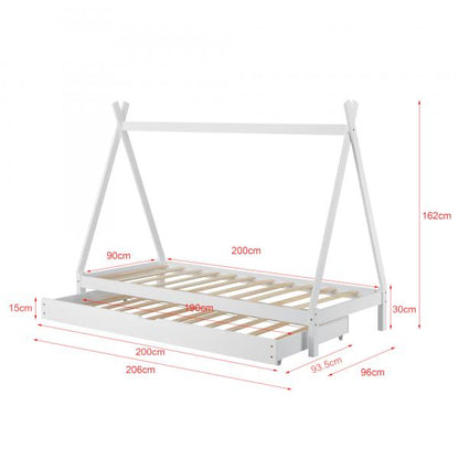 Kinderbett mit Ausziehbett Cree 90x200 cm Tipi mit Kaltschaummatratze Holz Weiss