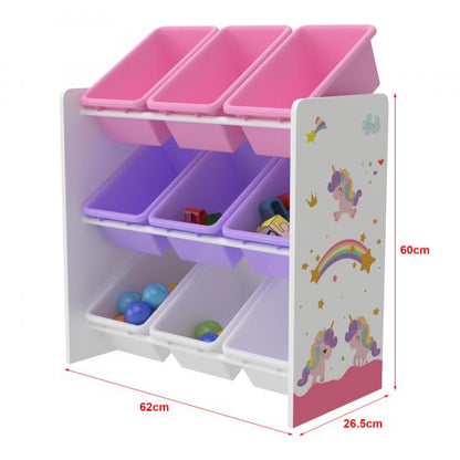 Kinderregal Muxía mit 9 Ablagekisten Einhorn Motiv Lila / Rosa