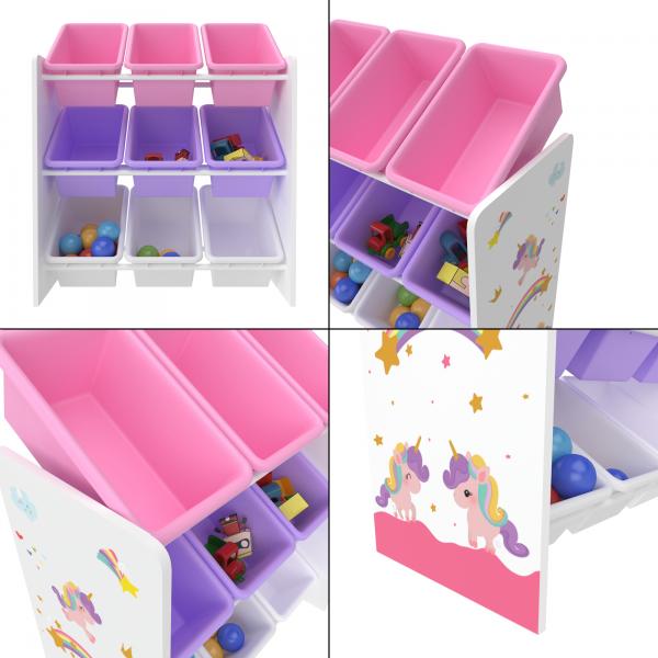 Kinderregal Muxía mit 9 Ablagekisten Einhorn Motiv Lila / Rosa