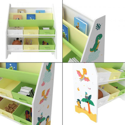 Kinderregal Ponteceso mit 2 Ablagefächern und 6 Faltboxen Dinosaurier Motiv Grün / Gelb