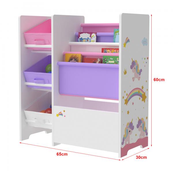 Kinderregal Vimianzo mit 4 Ablagefächern und 3 Faltboxen Einhorn Motiv Lila / Rosa