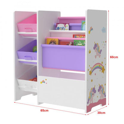 Kinderregal Vimianzo mit 4 Ablagefächern und 3 Faltboxen Einhorn Motiv Lila / Rosa