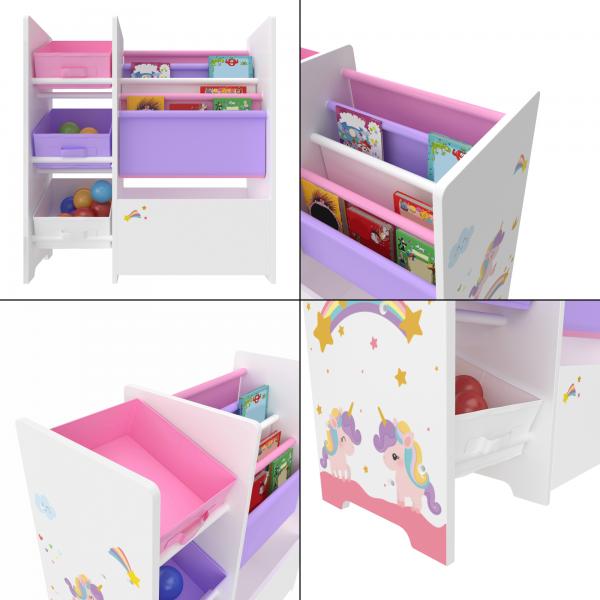 Kinderregal Vimianzo mit 4 Ablagefächern und 3 Faltboxen Einhorn Motiv Lila / Rosa