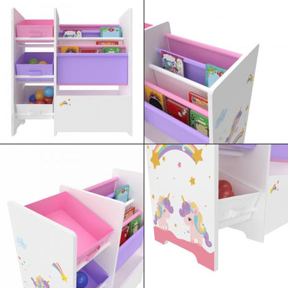 Kinderregal Vimianzo mit 4 Ablagefächern und 3 Faltboxen Einhorn Motiv Lila / Rosa