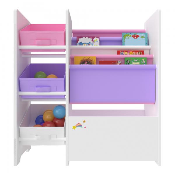 Kinderregal Vimianzo mit 4 Ablagefächern und 3 Faltboxen Einhorn Motiv Lila / Rosa