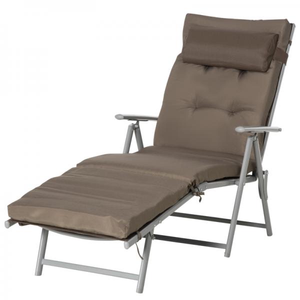 Chaise longue de plage, chaise longue de jardin pliable et réglable avec coussin de jardin en métal, tissu marron + argent