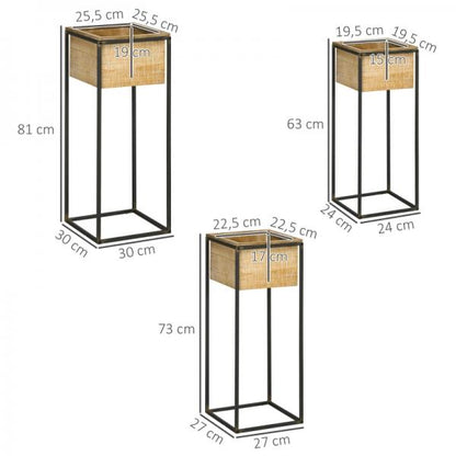 3er-Set Pflanzenständer, 3 Größen, Metallrahmen, rustikale Holzoptik, quadratische Blumenkästen