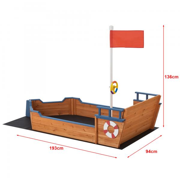 Sandkasten Mestia mit Piratenschiffoptik 136x193x94cm Holz Natur