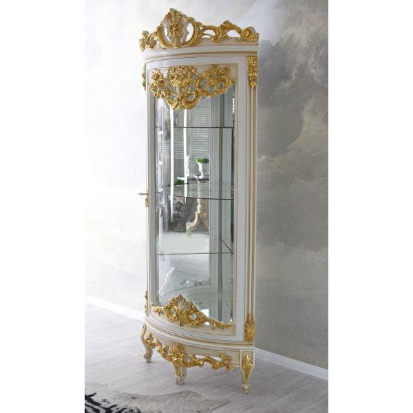 BAROCK VITRINE ANTIK ECKVITRINE WEISS GOLD ECKSCHRANK ECKREGAL ROKOKO VITRINENSCHRANK