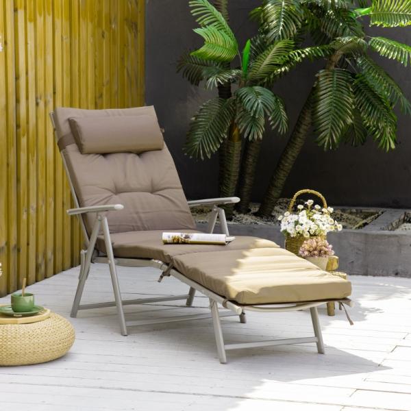 Chaise longue de plage, chaise longue de jardin pliable et réglable avec coussin de jardin en métal, tissu marron + argent