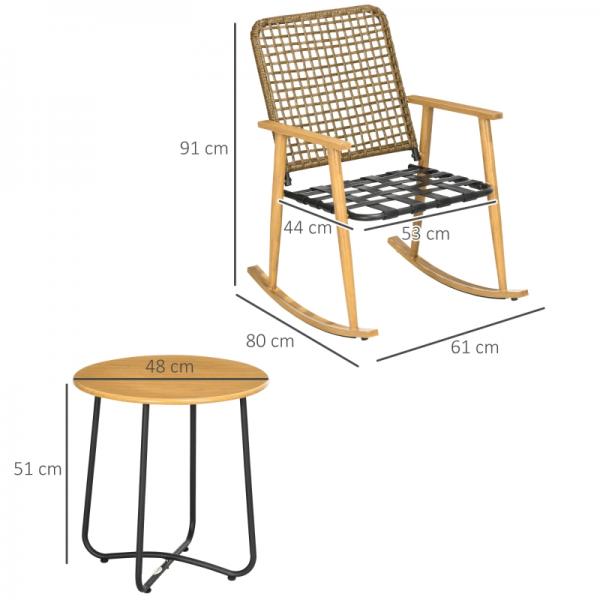 3 pièces. Salon de jardin, 2 chaises à bascule, 1 table d'appoint, structure en acier, polyrotin robuste, avec coussins d'assise