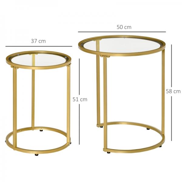 2er-Set Beistelltische, stapelbar, modernes Design, 50 cm x 50 cm x 58 cm, Gold + Transparent