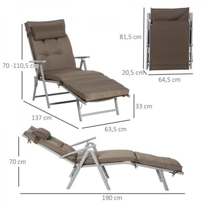 Chaise longue de plage, chaise longue de jardin pliable et réglable avec coussin de jardin en métal, tissu marron + argent