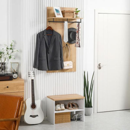 Garderobe mit Schuhbank, 1 Hutablage, 4 Kleiderhaken, Natur + Weiss