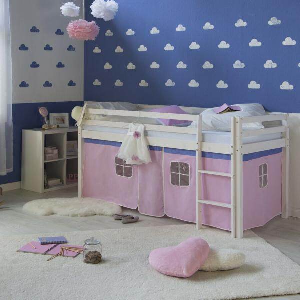Hochbett Spielbett Kinderbett Leiter Kiefer Vorhang pink 90x200 Jugendbett - Palo24