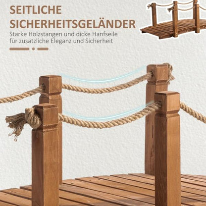 Gartenbrücke 1,5 m Holzbrücke Teichbrücke Zierbrücke mit Geländer Seil bis 200 kg Massivholz Braun